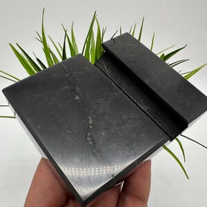 May include: A dark gray, rectangular phone stand with a groove for holding a phone. The stand is made of a solid, possibly stone-like material. Green grass-like plants are behind the stand.