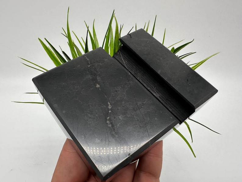 May include: A dark gray, rectangular phone stand with a groove for holding a phone. The stand is made of a solid, possibly stone-like material. Green grass-like plants are behind the stand.