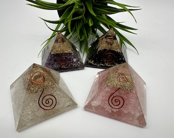 Handmade Orgonite Pyramid: Amethyst, Quartz & Tourmaline - Chakra Healing