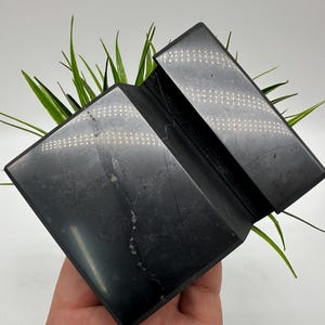 May include: A black, geometric, folded stone sculpture with a reflective surface. The sculpture is a dark gray color and has a textured appearance. Green grass-like plants are behind the sculpture.