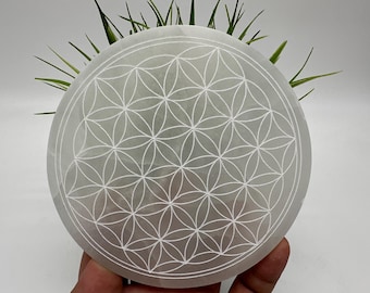May include: A white selenite charging plate with a carved flower of life design. The plate is round and has a smooth, polished surface.