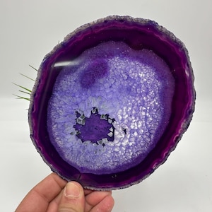 Può includere: Una fetta di agata circolare lucidata con una vivace sfumatura di colore. Il bordo esterno è di un viola intenso, che sfuma in tonalità più chiare di viola e bianco verso il centro. Il centro ha una struttura cristallina. Un oggetto decorativo.