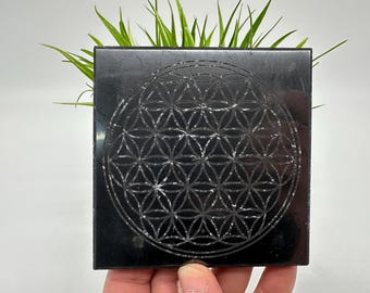 Shungite Plate, Flower of Life, Polished Stone from Russia