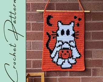 Geister Kitty Wandbehang | Häkelanleitung | Urlaub Serie | Wanddekoration | Gobelin häkeln | Sofortdownload | PDF-Datei