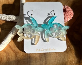 Sea Turtle Earrings with Hibiscus Cutout • Turtle Earrings • Beach Earrings • Wedding Jewelry • Ocean Inspired Jewelry • Huno Earring •