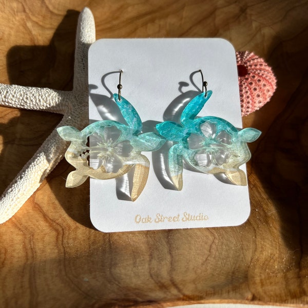 Sea Turtle Earrings with Hibiscus Cutout • Turtle Earrings • Beach Earrings • Wedding Jewelry • Ocean Inspired Jewelry • Huno Earring •