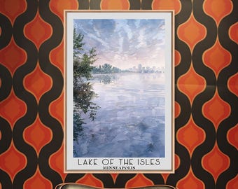 May include: A vintage-style travel poster featuring a watercolour illustration of a lake with a city skyline in the distance. The text "LAKE OF THE ISLES MINNEAPOLIS" is at the bottom of the poster.