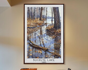 May include: A watercolor painting of a forest scene with a stream running through it. The water is reflecting the trees and sky. The painting is titled "Buckeye Lake, Ohio".