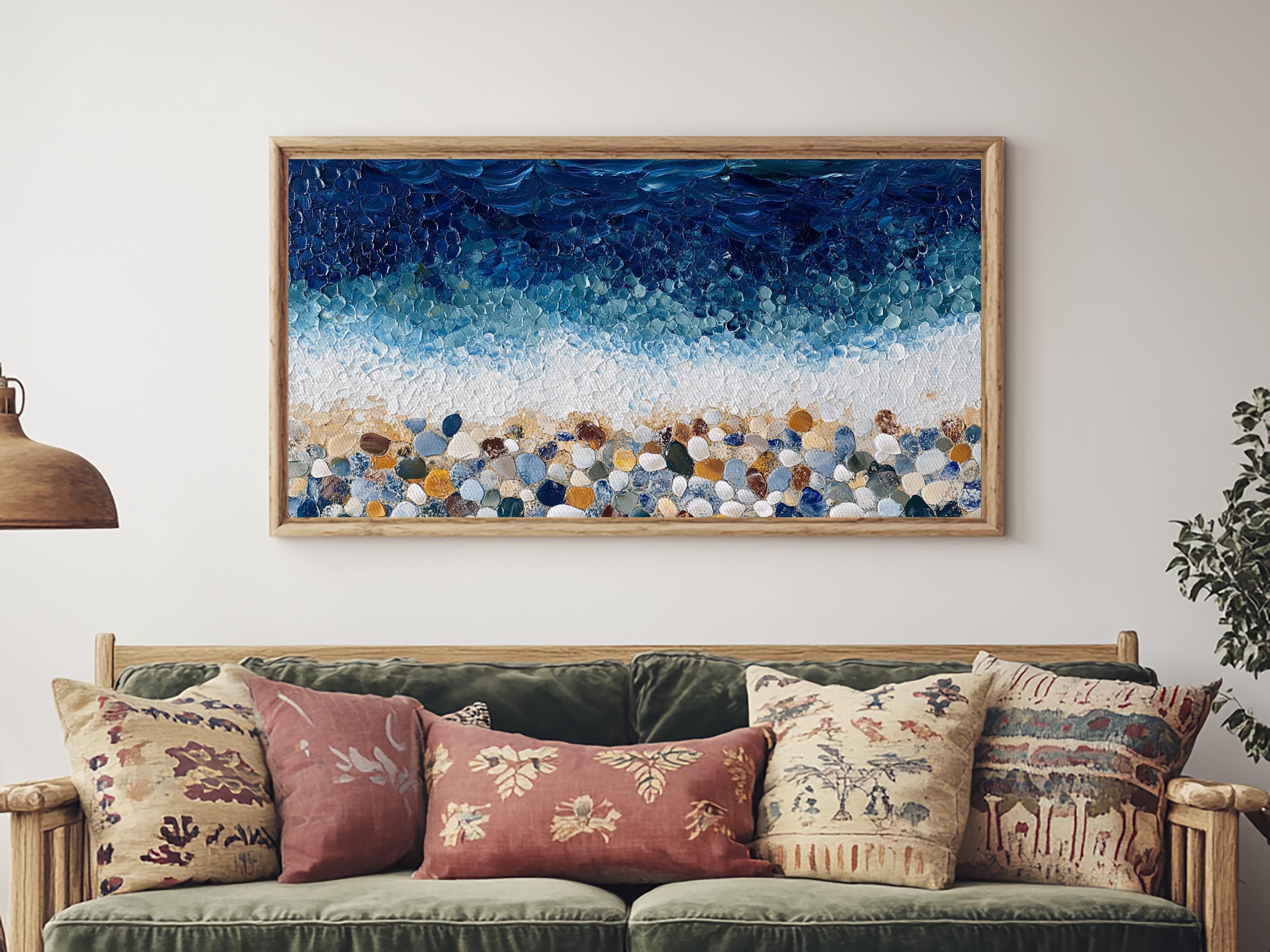 Pebble Beach Mosaic Wall Art: Coastal Ocean Painting, Framed