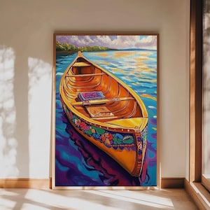 Canoe & Lake Reflection Canvas Print: Tranquil Boho Wall Art