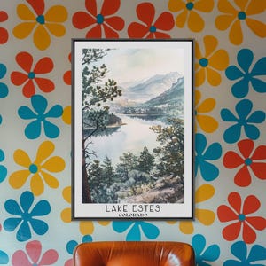 Lake Estes Colorado Framed Canvas Print: Watercolor Landscape Wall Art