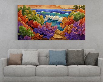 May include: A vibrant canvas print depicting a coastal scene. Colorful coral in shades of orange, green, and purple frames a view of the ocean with crashing waves under a sunset sky. The artwork is displayed above a gray sofa.