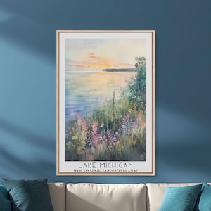 Lake Michigan Watercolor Canvas Print: Framed Landscape Wall Art