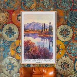 Bear Lake Alaska Framed Canvas Print: Watercolor Landscape Travel Art