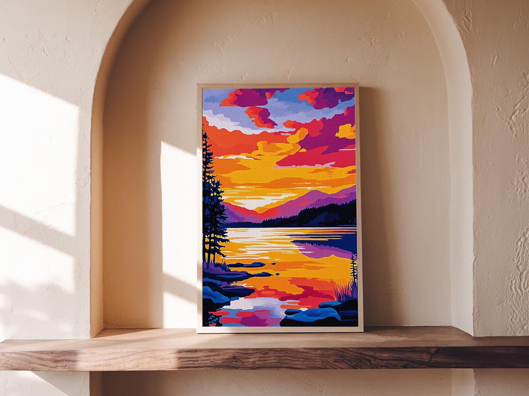 Sunset Lake Canvas Print: Vibrant Landscape Painting, Modern Wall Art ...
