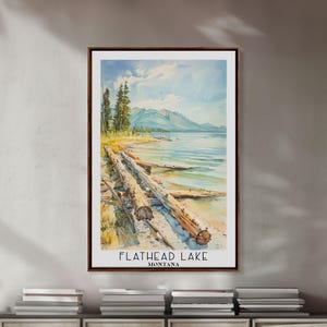 Flathead Lake Montana Framed Canvas Print: Vintage Watercolor Wall Art