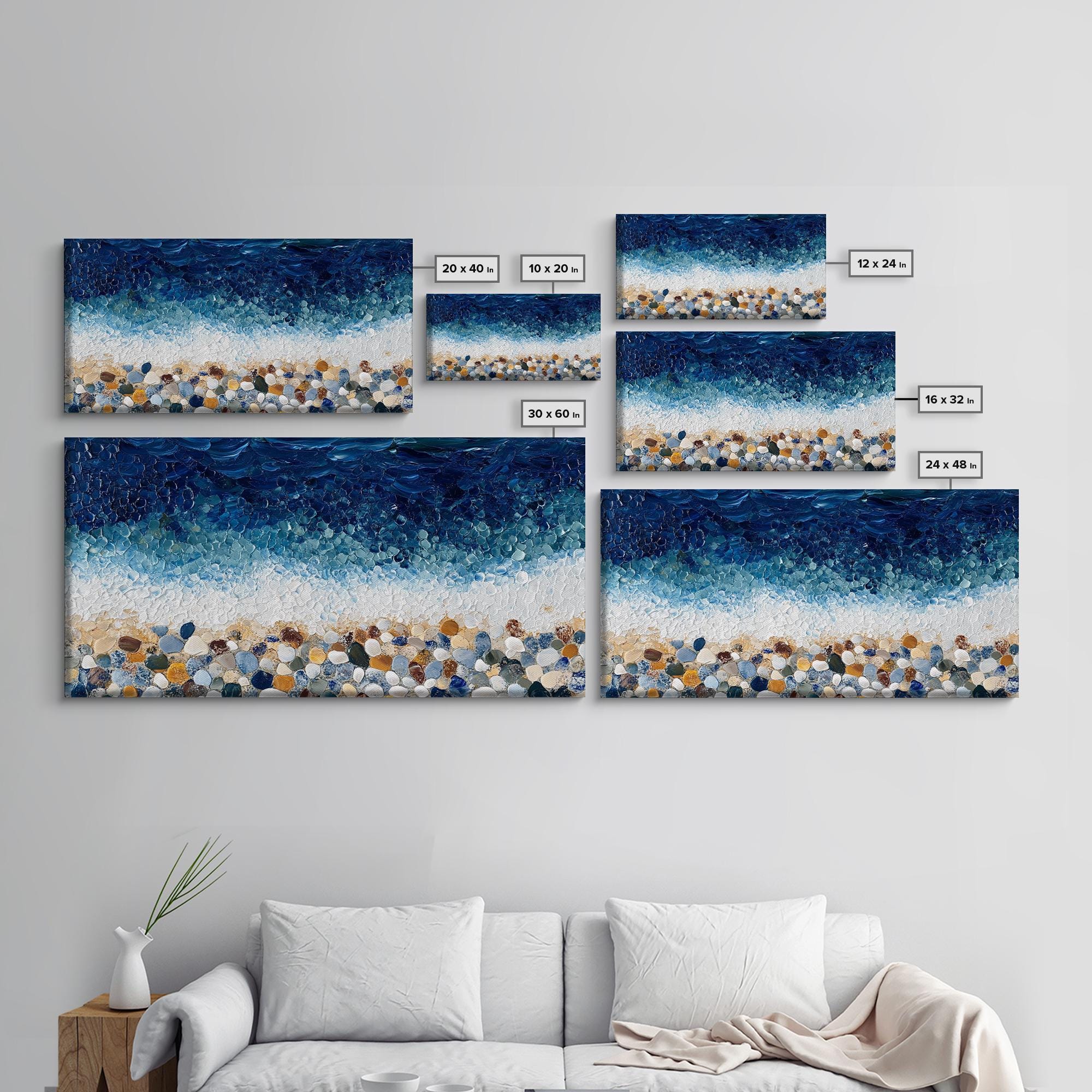 Pebble Beach Mosaic Wall Art: Coastal Ocean Painting, Framed