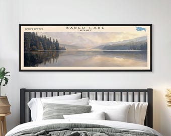 May include: A panoramic landscape print of Baker Lake in Washington state. The print features a scenic view of the lake with a misty background and forested hills. The text "Baker Lake,  NUNAWUT" is printed at the top of the print.