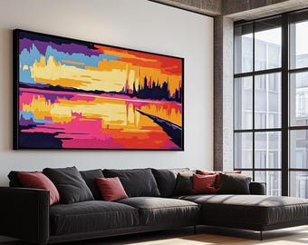 Abstract Lake Painting: Vibrant Sunset Framed Canvas Art
