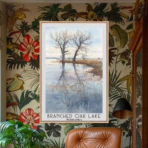Branched Oak Lake Nebraska Canvas Print: Watercolor Landscape Wall Art