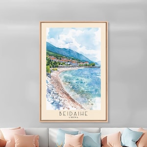 Beidaihe China Beach Watercolor Art Print: Framed Canvas