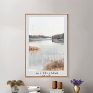 Lake Leelanau Michigan Canvas Print: Watercolor Lake House Wall Art