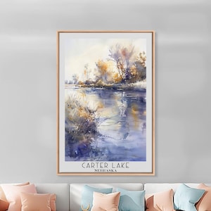 Carter Lake Nebraska Framed Canvas Print: Watercolor Lake Life Wall Art