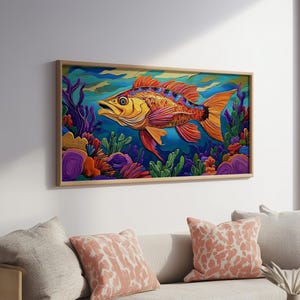 Fish Ocean, Coral, Framed Canvas Print, Colorful Tropical Fish Wall Art, Vibrant Underwater Decor, Coastal Living Room Art