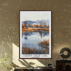 Cherry Creek Lake Colorado Framed Canvas Print: Serene Watercolor Landscape