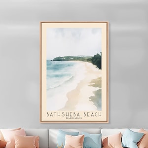 May include: A watercolor painting of Bathsheba Beach in Barbados. The painting shows a sandy beach with turquoise water and lush green trees in the background.