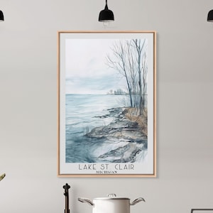 May include: A watercolor painting of a lake scene with trees on the shore. The water is a light blue color and the sky is a light gray color. The trees are a dark green color and the ground is a light brown color. The text "LAKE ST. CLAIR MICHIGAN" is printed at the bottom of the painting.