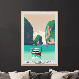 Lake of the Woods Minnesota Framed Canvas Print: Watercolor Travel Poster