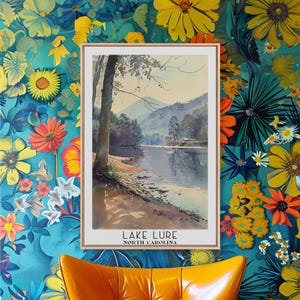 Lake Lure North Carolina Framed Canvas: Watercolor Landscape Art