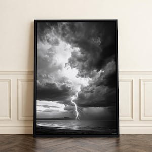 Lightning Strike Beach, Stormy Sky Photography, Dramatic Landscape, Office Wall Art, Nature Scene, Framed Canvas Print, Bold Wall Decor
