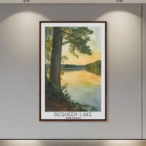 DeQueen Lake Arkansas Framed Canvas Print, Majestic Watercolor Landscape, Travel Poster, Wall Art, Lake House Vintage Style Art, Office Art
