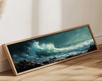 May include: A framed painting of a large ocean wave crashing against the shore. The wave is a vibrant blue-green color, and the water is a deep blue. The painting is in a wooden frame.