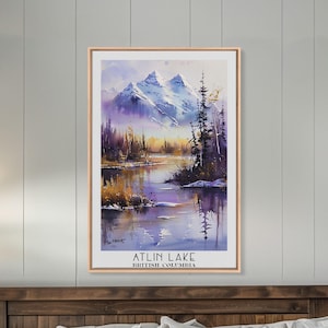 Atlin Lake British Columbia Framed Canvas Print, Watercolor Landscape, Travel Poster, Wall Art, Lake House Decor, Living Room Art Office Art