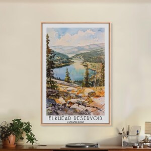 Elkhead Reservoir Colorado Framed Canvas Print: Watercolor Lake House Wall Art