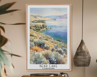 Bear Lake Utah Idaho Framed Canvas Print: Watercolor Landscape Art