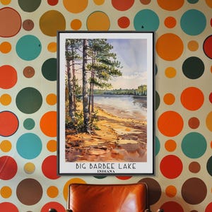 Big Barbee Lake Indiana Framed Canvas Print: Watercolor Landscape Art