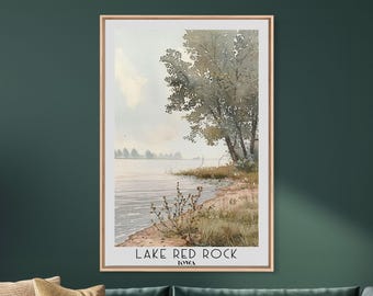 Lake Red Rock Iowa Framed Canvas Print: Watercolor Landscape Art