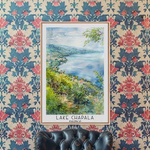Impresión de lienzo enmarcado del lago Chapala Jalisco, paisaje de acuarela, cartel de viaje, arte de la pared, decoración de la sala de estar, arte de la casa del lago, regalo hecho a mano