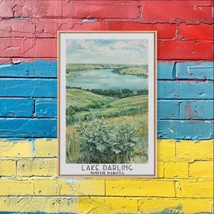 Lake Darling North Dakota Framed Canvas Print, Watercolor Landscape, Travel Poster, Wall Art, Lake House Minimalist Handmade Gift