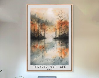 May include: A watercolor painting of a lake scene with trees reflected in the water. The trees are in shades of orange and brown, and the water is a light blue. The text "TURKEYFOOT LAKE OHIO" is at the bottom of the painting.