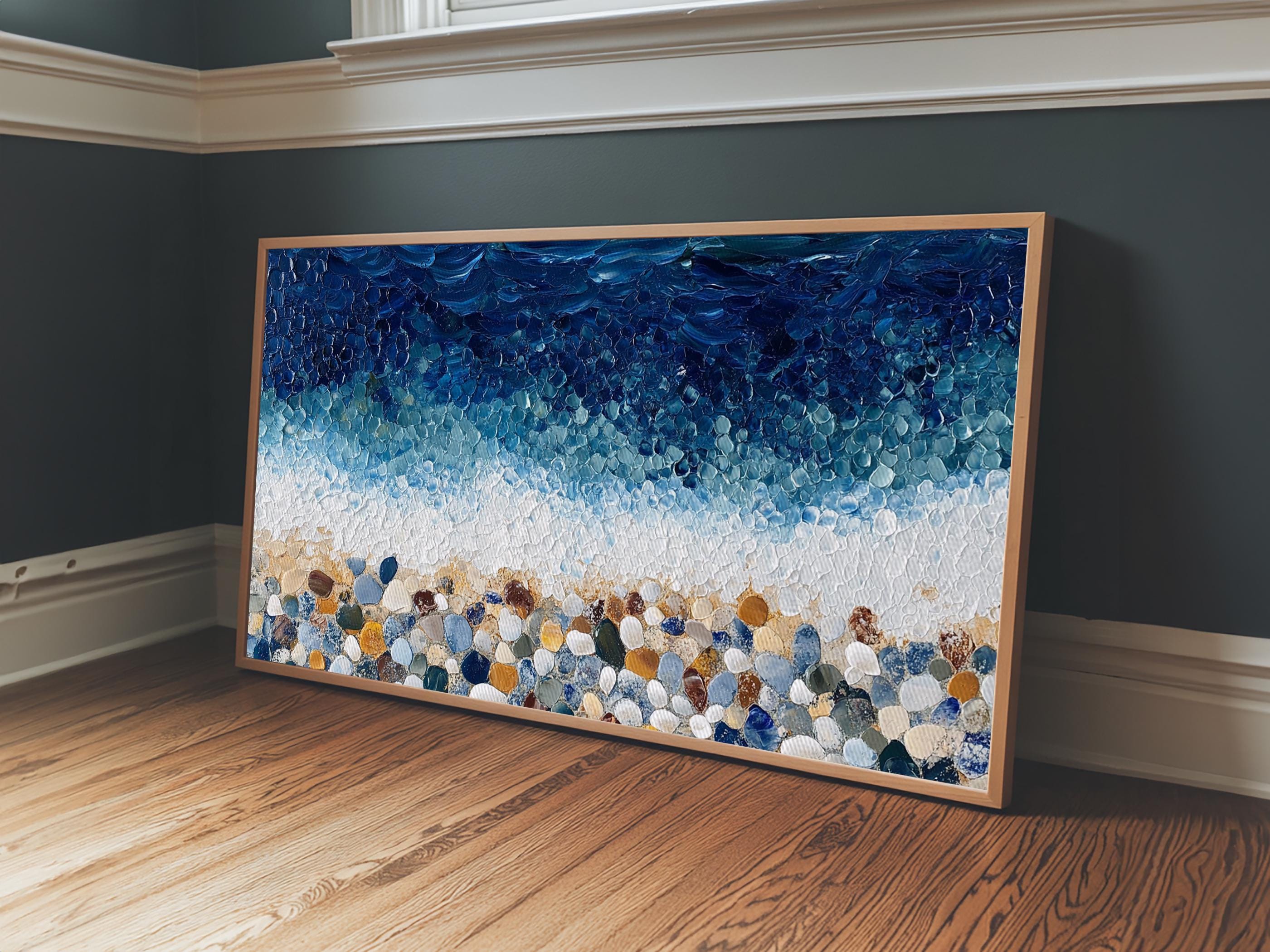 Pebble Beach Mosaic Wall Art: Coastal Ocean Painting, Framed