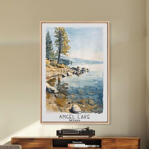 Angel Lake Nevada Framed Canvas Print: Watercolor Landscape Art
