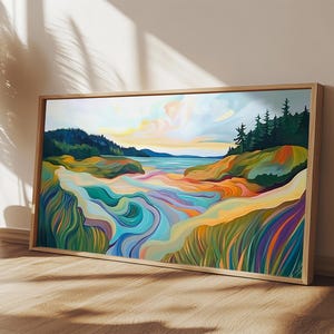 Lienzo enmarcado con paisaje costero abstracto: Impresión panorámica de paisaje marino