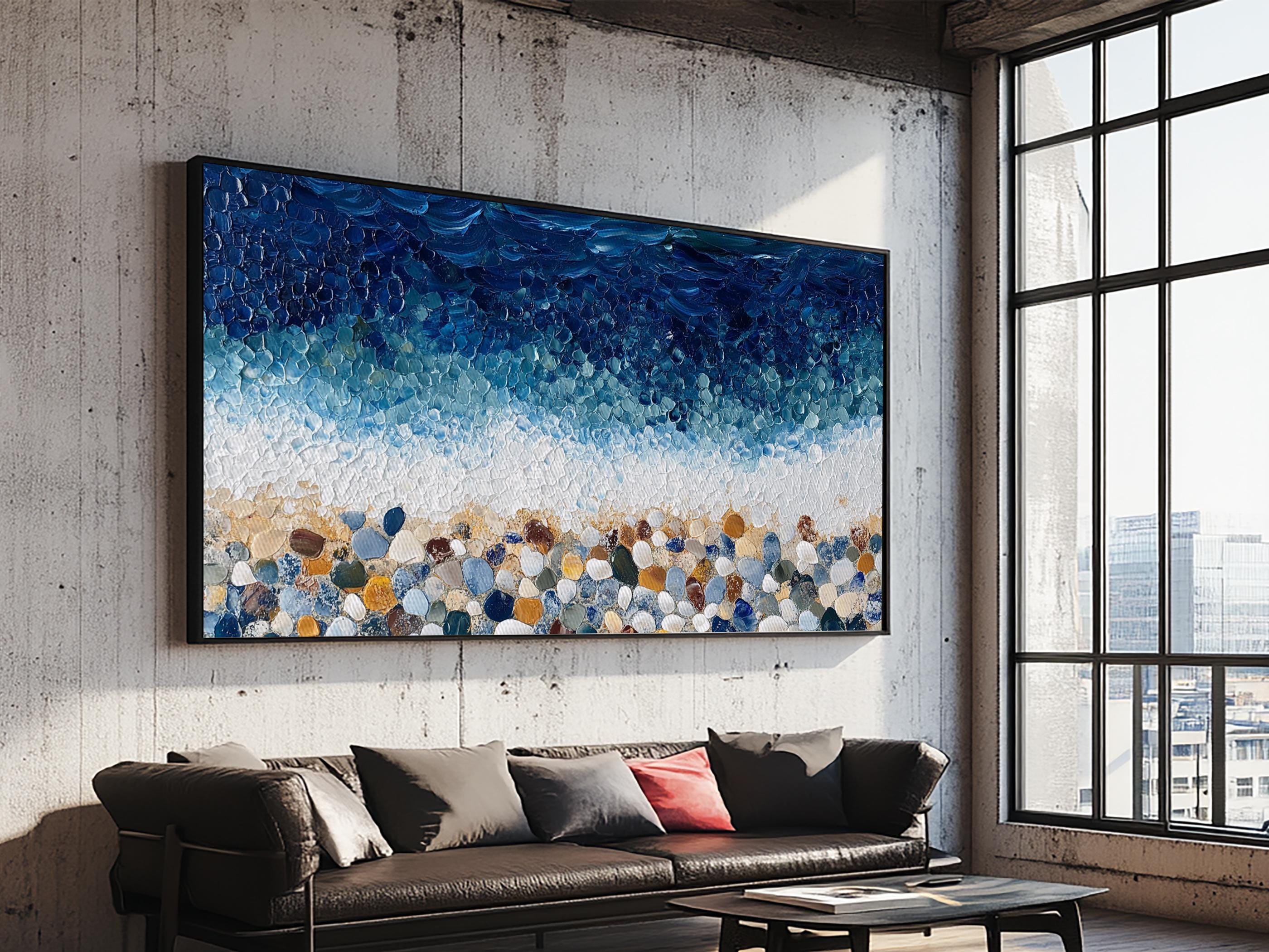 Pebble Beach Mosaic Wall Art: Coastal Ocean Painting, Framed