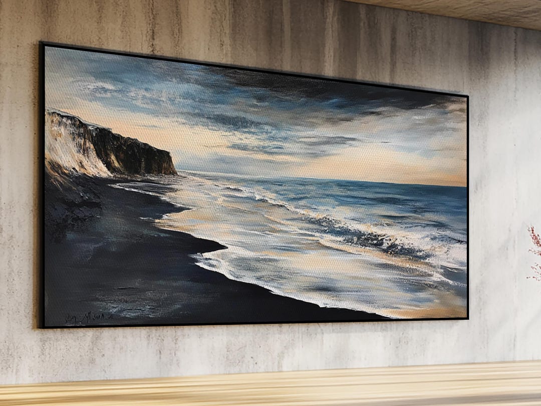 Moody Beach Framed Canvas Print: Panoramic Seascape Painting - Etsy