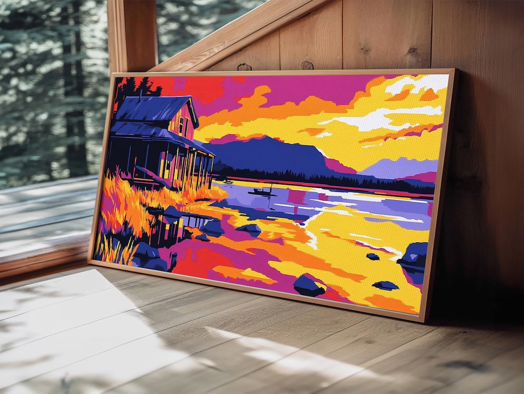 Lakeside Cabin Sunset Canvas Print: Rustic Mountain Landscape Art - Etsy